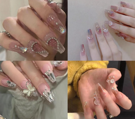 99+ mẫu nail đính đá vừa XINH vừa SANG cho nàng tự tin ra ngoài 54 Bộ móng tay nghệ thuật với các kiểu trang trí khác nhau, bao gồm đá, hình trái tim và hoa, trên nền màu trung tính.