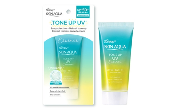 Hình ảnh sản phẩm kem chống nắng Skin Aqua Tone Up UV Essence trong bao bì và tuýp riêng lẻ.