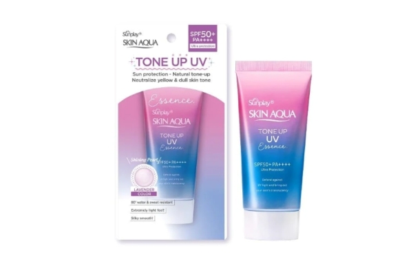 Hộp và tuýp kem chống nắng Skin Aqua Tone Up UV Essence, thiết kế màu hồng xanh, SPF50+ PA++++.