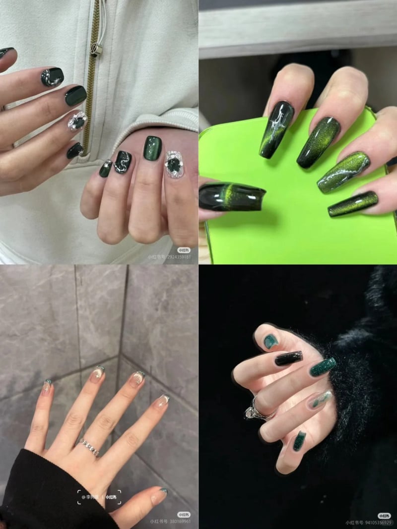 Bộ móng tay với nhiều kiểu trang trí khác nhau, sử dụng màu xanh lá và đen, có họa tiết lấp lánh và nhẫn.