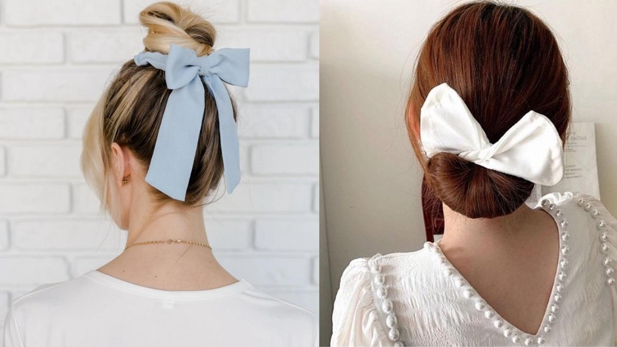 bui-toc-3 Hai kiểu tóc búi, một với nơ xanh và một với nơ trắng, trên nền tường gạch và áo trắng.