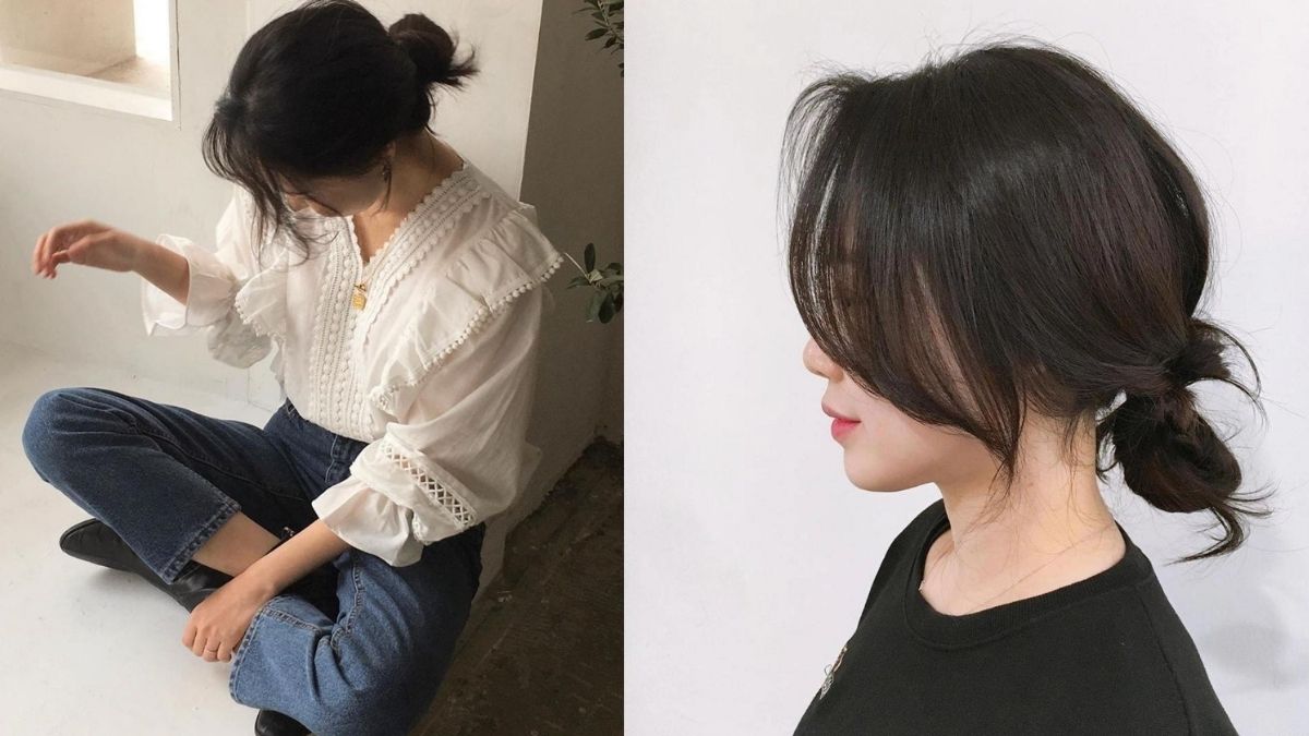 bui-toc-4 Hai người tạo kiểu tóc búi thấp, một người ngồi trên sàn, người còn lại chụp nghiêng trên phông nền trắng.