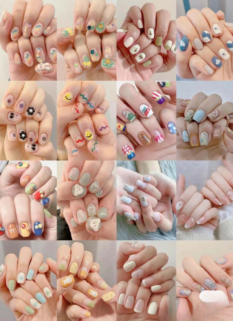 Bộ sưu tập các mẫu nail đa dạng với nhiều màu sắc và họa tiết khác nhau trên móng tay.