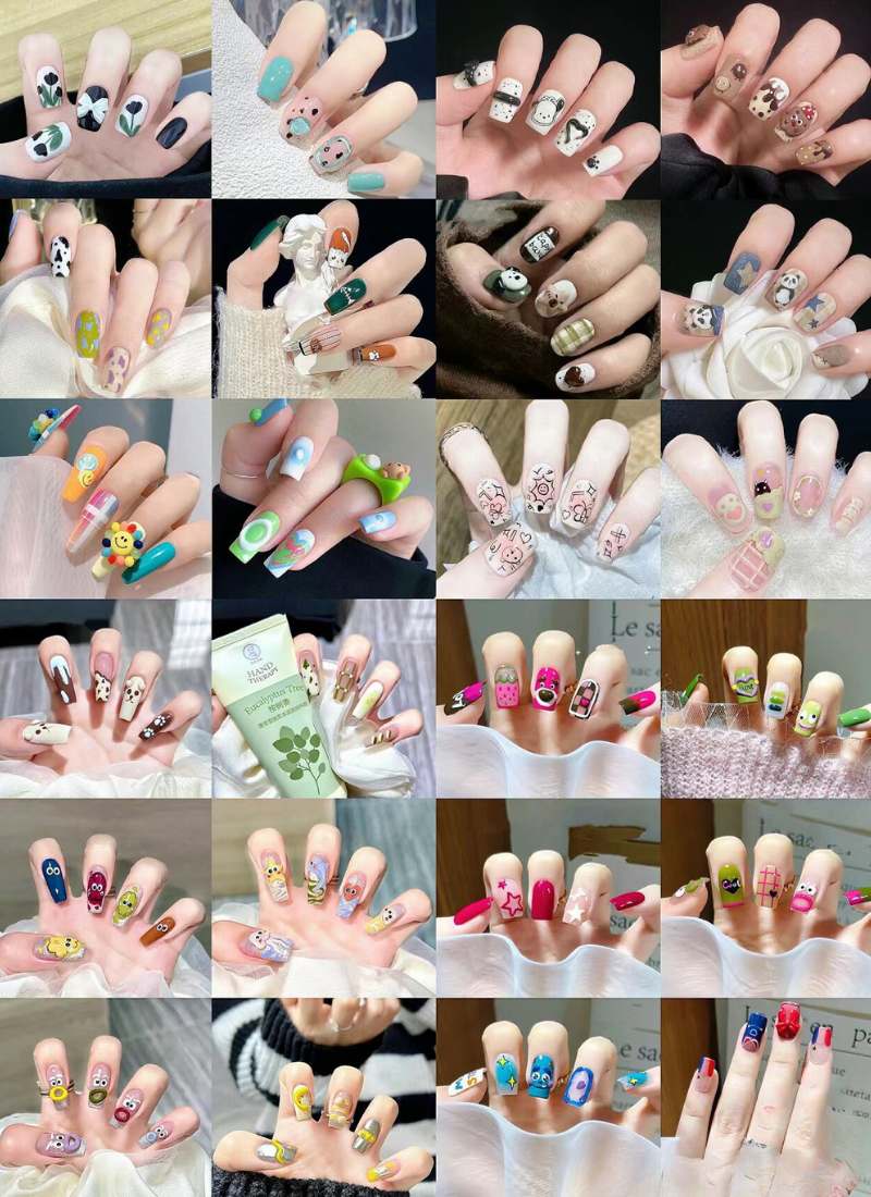 Bộ sưu tập móng tay với nhiều họa tiết và màu sắc đa dạng, từ hoa lá đến nhân vật hoạt hình.