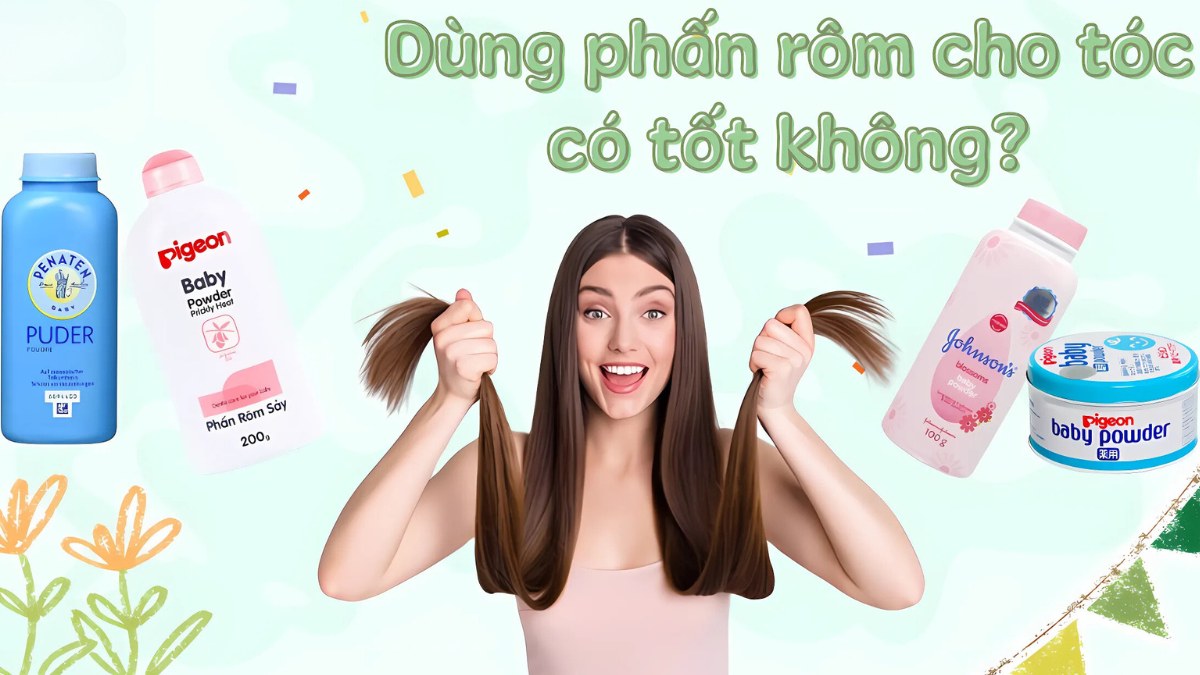 cach-lam-toc-het-bet-khong-can-goi-2 Người phụ nữ cầm tóc với các sản phẩm phấn rôm xung quanh và câu hỏi về việc dùng phấn rôm cho tóc.