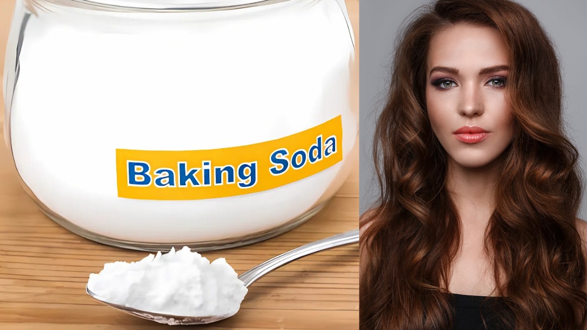 cach-lam-toc-het-bet-khong-can-goi-9 Hũ baking soda và một người với mái tóc xoăn dài, màu nâu, đứng cạnh nhau.