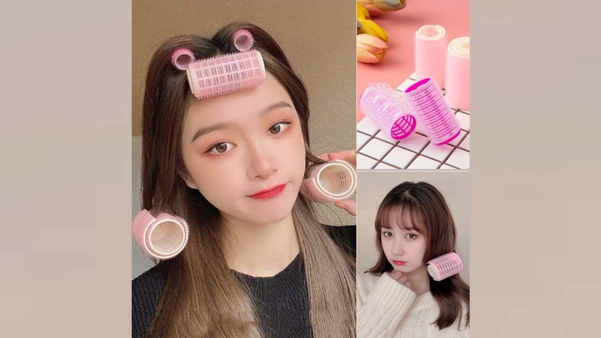 Người mẫu thử dụng cụ làm xoăn tóc màu hồng trên tóc, một hình ảnh khác là cận cảnh sản phẩm.