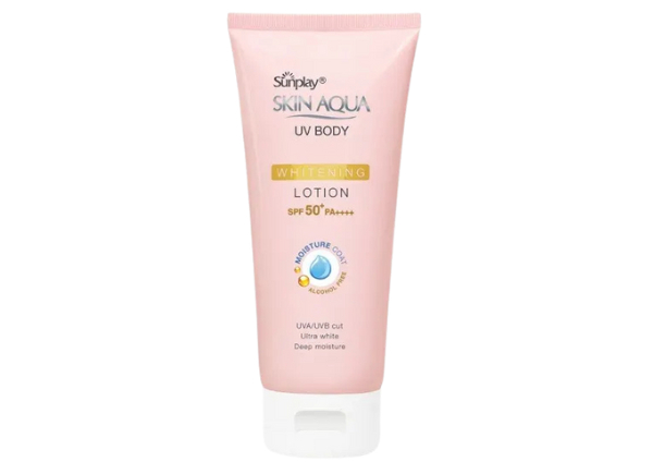 Chai kem dưỡng trắng da chống nắng SPF 50+ PA++++, màu hồng nhạt, có nắp trắng, dung tích không rõ.