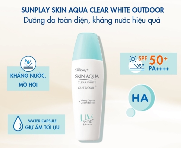 Chai kem chống nắng Sunplay Skin Aqua Clear White Outdoor với thông tin về khả năng chống nước và chỉ số SPF 50+.