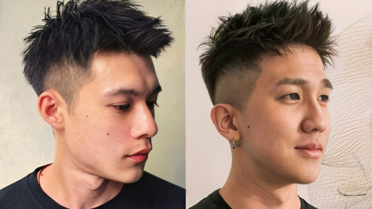 kieu-toc-cho-mat-tam-giac-nam-10 Hai người đàn ông với kiểu tóc ngắn cá tính, đang nhìn sang hai hướng khác nhau.