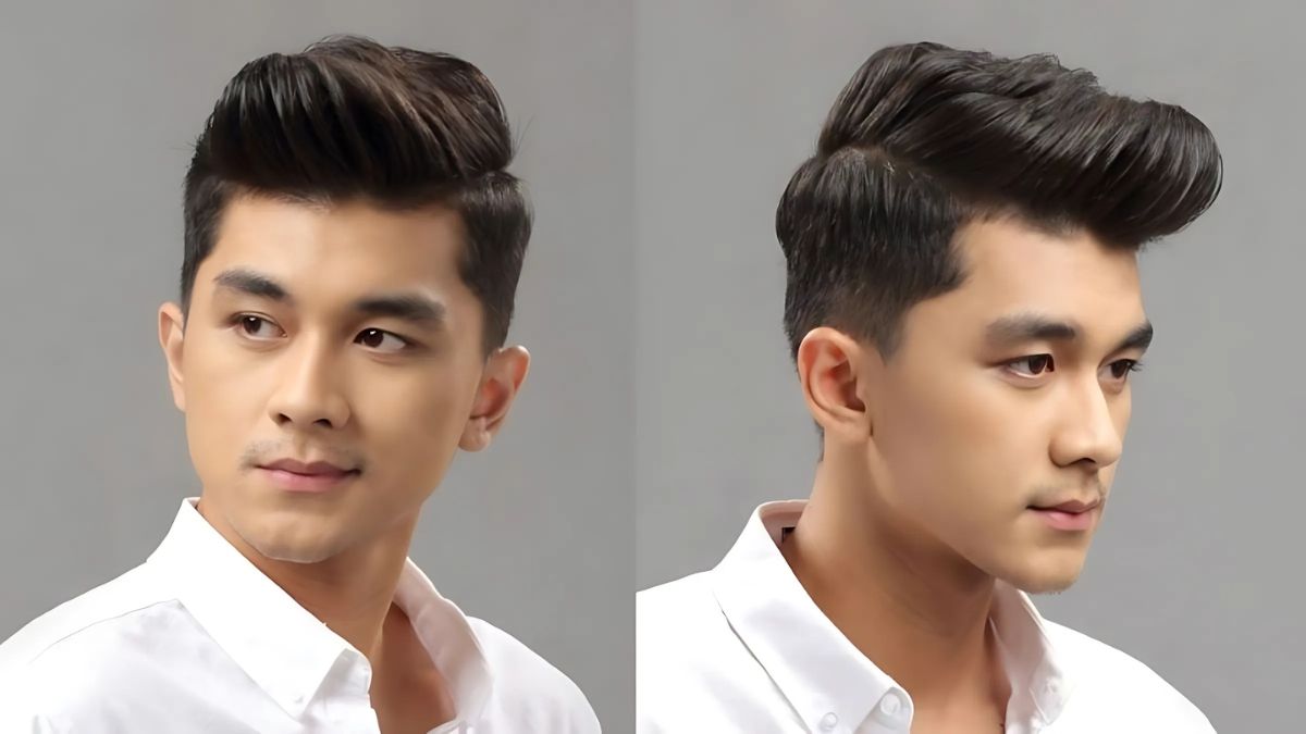 kieu-toc-cho-mat-tam-giac-nam-3 Hai góc nhìn của một người với kiểu tóc chải gọn, mặc áo sơ mi trắng, nền xám.