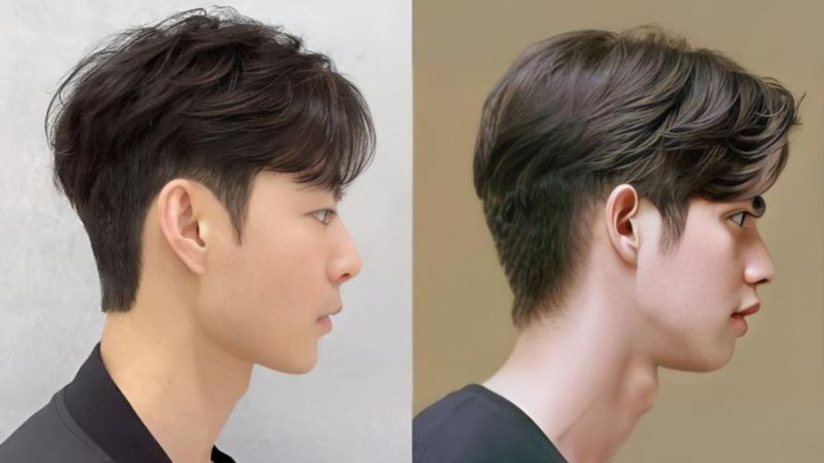 kieu-toc-cho-mat-tam-giac-nam-7 Hai người với kiểu tóc ngắn và dài khác nhau, nhìn nghiêng, nền trắng và nâu nhạt.