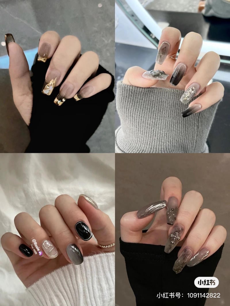 Bộ ảnh gồm bốn bàn tay với các kiểu móng tay nghệ thuật khác nhau, sử dụng tông màu đen và xám.