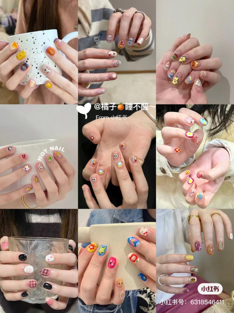 Tổng hợp các mẫu nail nghệ thuật đầy màu sắc và họa tiết đa dạng trên tay người.