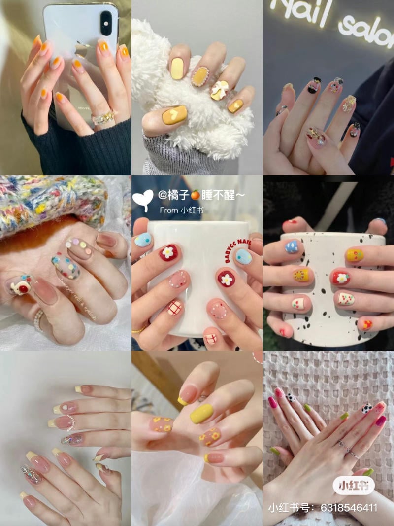 Một bộ sưu tập ảnh móng tay nghệ thuật với nhiều kiểu dáng và màu sắc khác nhau.