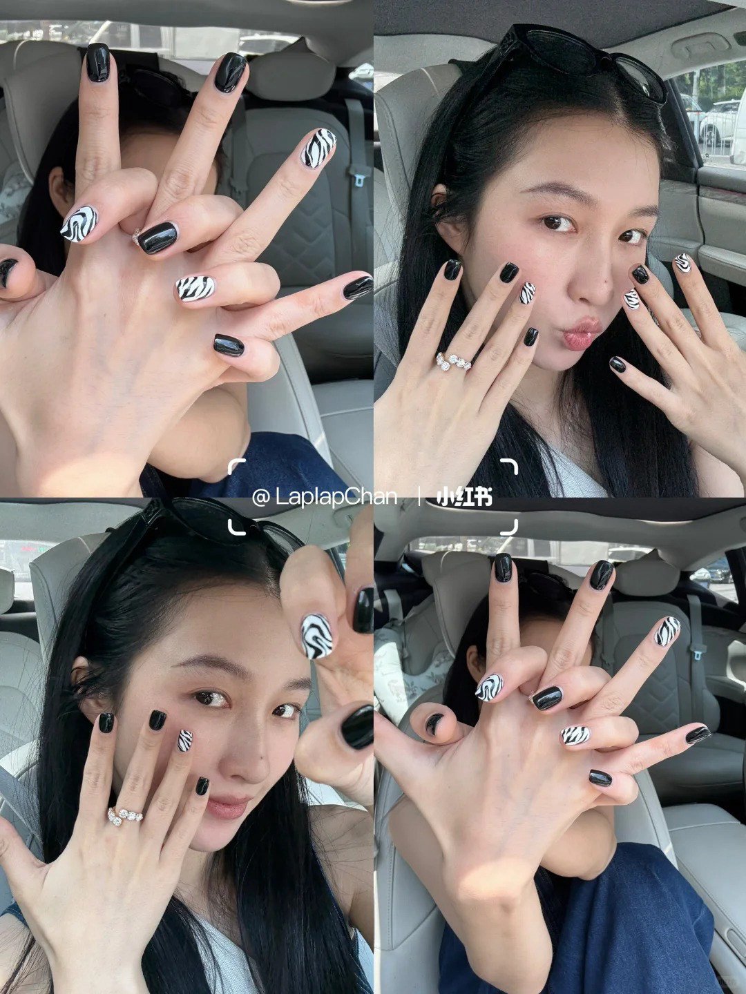 Người ngồi trong xe, giơ tay khoe móng tay đen và trắng, họa tiết vằn, đeo nhẫn, kính trên đầu.