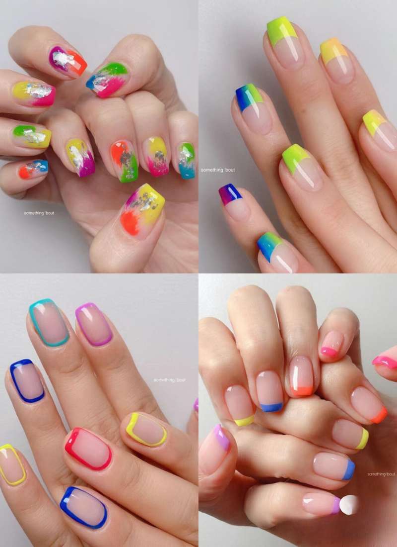 Bàn tay với móng tay sơn kiểu dáng và màu sắc đa dạng, từ màu neon rực rỡ đến đường viền màu sắc tinh tế.