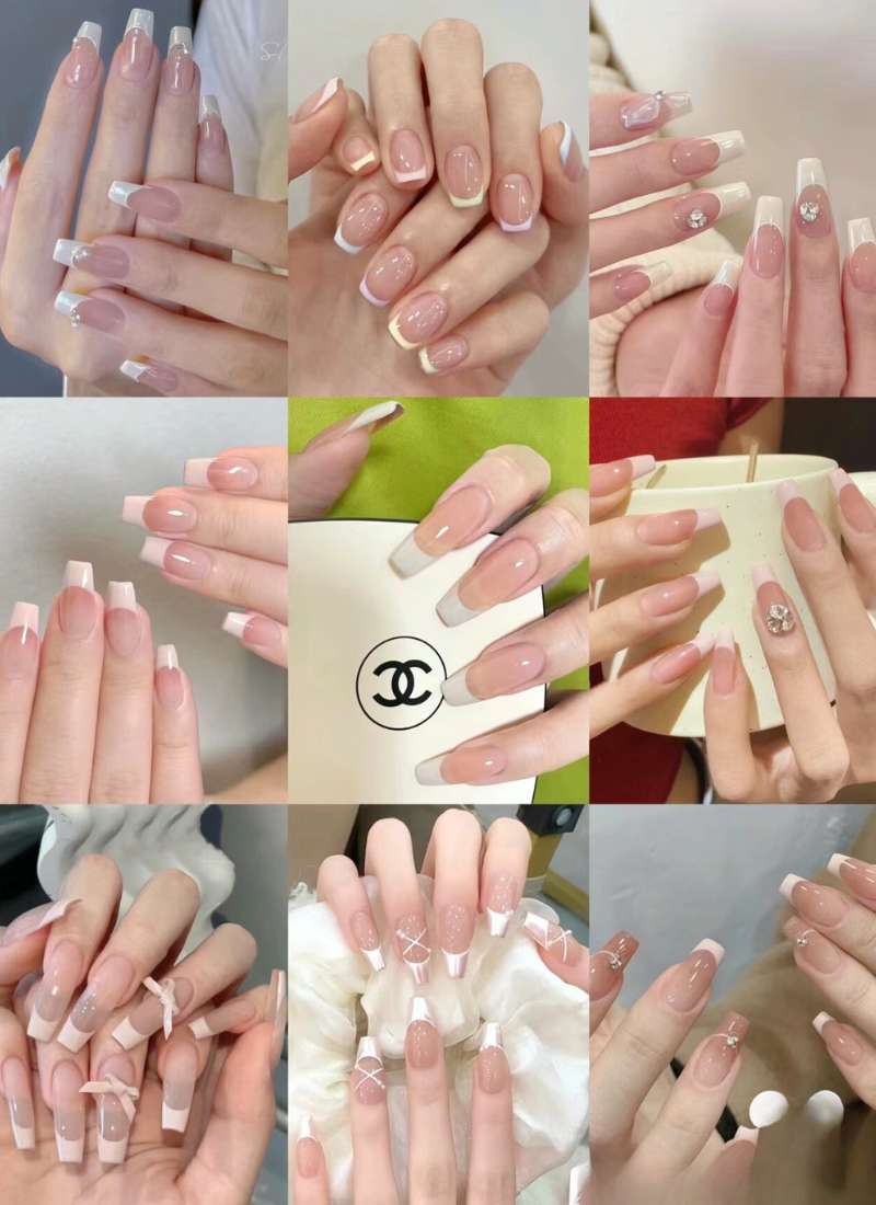 Bộ sưu tập móng tay với nhiều kiểu dáng và họa tiết khác nhau, bao gồm kiểu Pháp và trang trí đá.