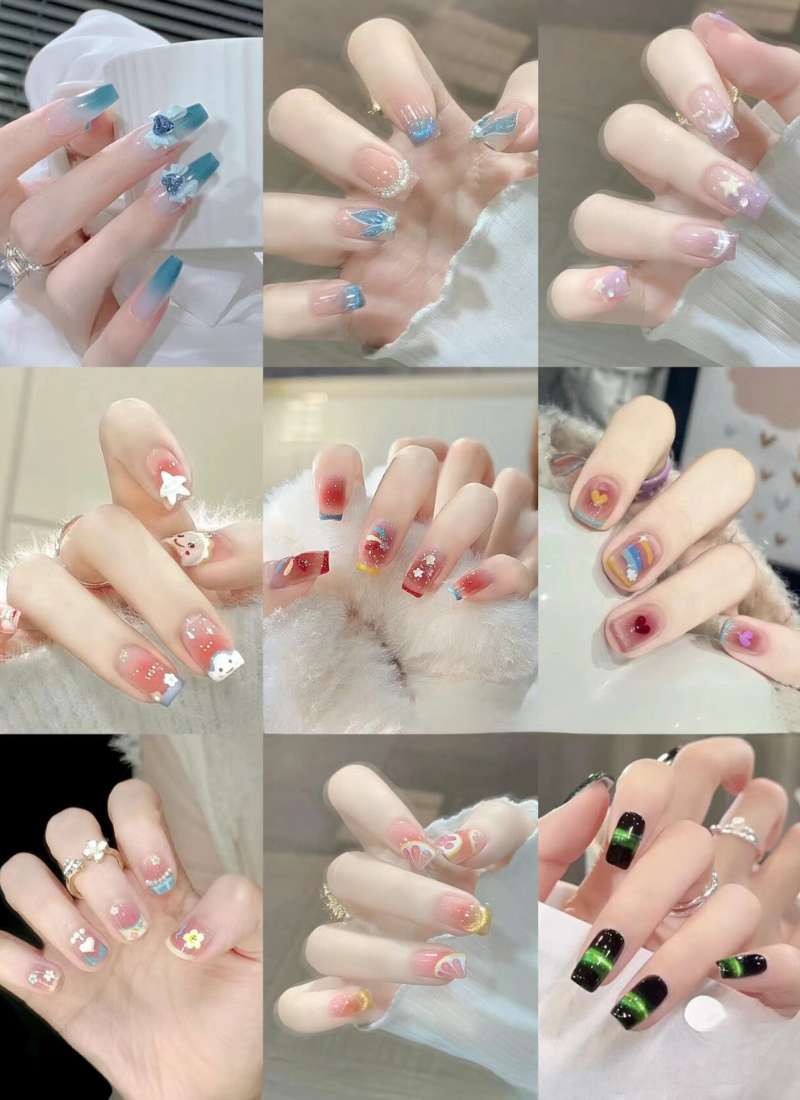 Bộ sưu tập móng tay nghệ thuật với nhiều kiểu dáng và màu sắc khác nhau, trang trí họa tiết đa dạng.