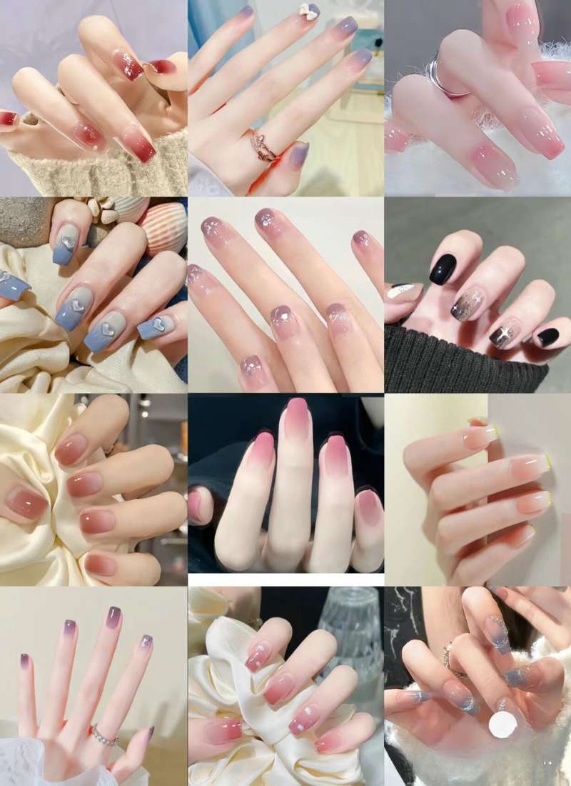 Bộ sưu tập 12 mẫu móng tay với nhiều kiểu trang trí và màu sắc khác nhau, từ ombre đến họa tiết đơn giản.