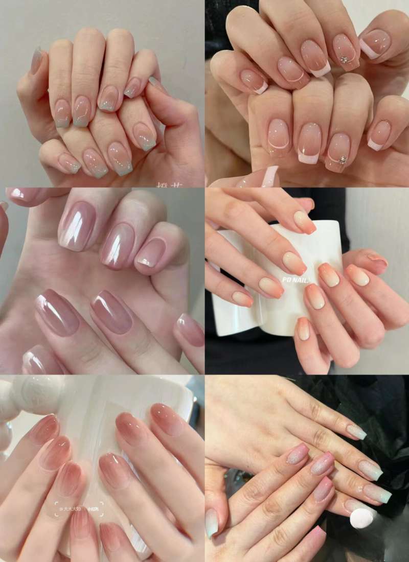 Các kiểu móng tay khác nhau được sơn màu nude và hồng nhạt, một số có họa tiết đơn giản và lấp lánh.