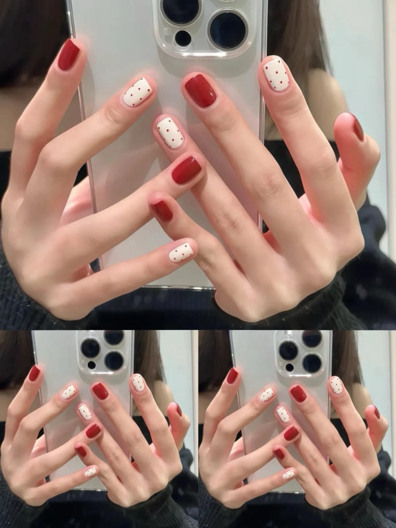 mau-nail-do-trang-cardina-1-jpg_e85c4ddc792d4e6999b2bc804f8ad25f Người cầm điện thoại, móng tay sơn đỏ và trắng chấm bi, ba góc ảnh khác nhau.