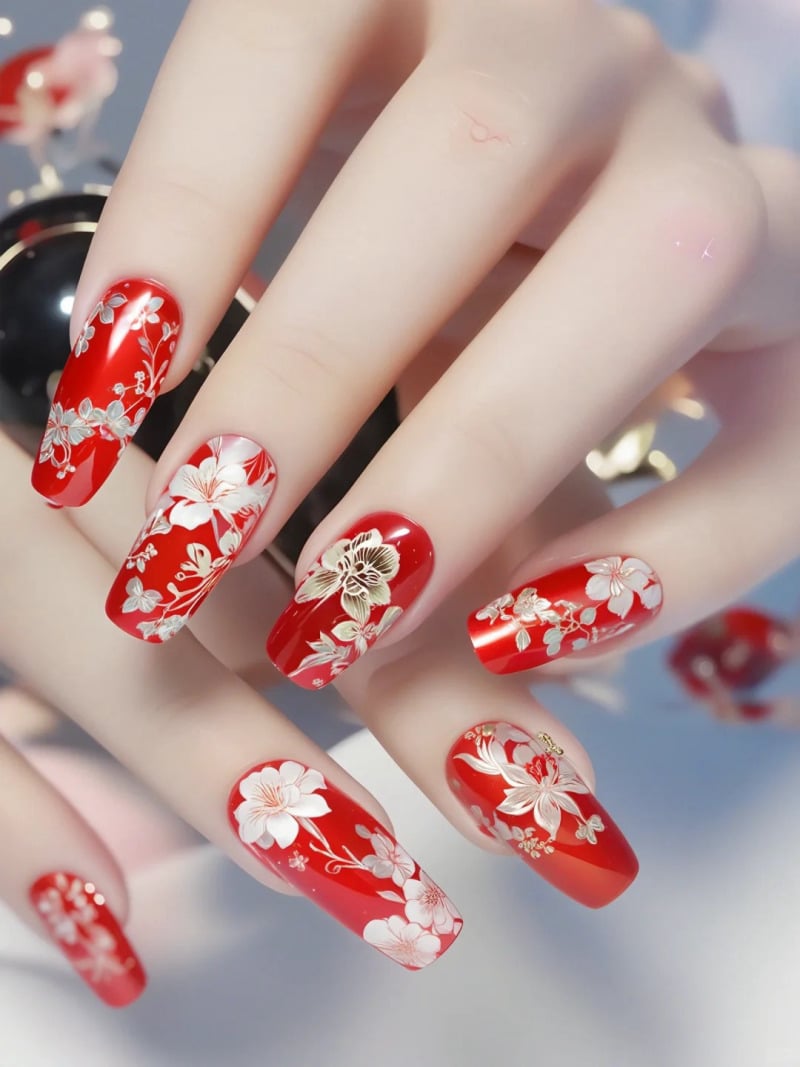 mau-nail-do-trang-cardina-8-jpg_4b29abdd10cd463cac3a44b37d312c9b Móng tay sơn màu đỏ với họa tiết hoa trắng và vàng, được chụp cận cảnh, nền mờ.