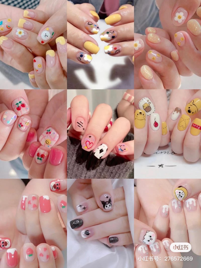 mau-nail-don-gian-cardina__132__614345626590472c90c0a7967830425c Bộ móng tay với nhiều mẫu vẽ dễ thương và đa dạng, gồm hoa, động vật, và hình vẽ trang trí khác nhau.