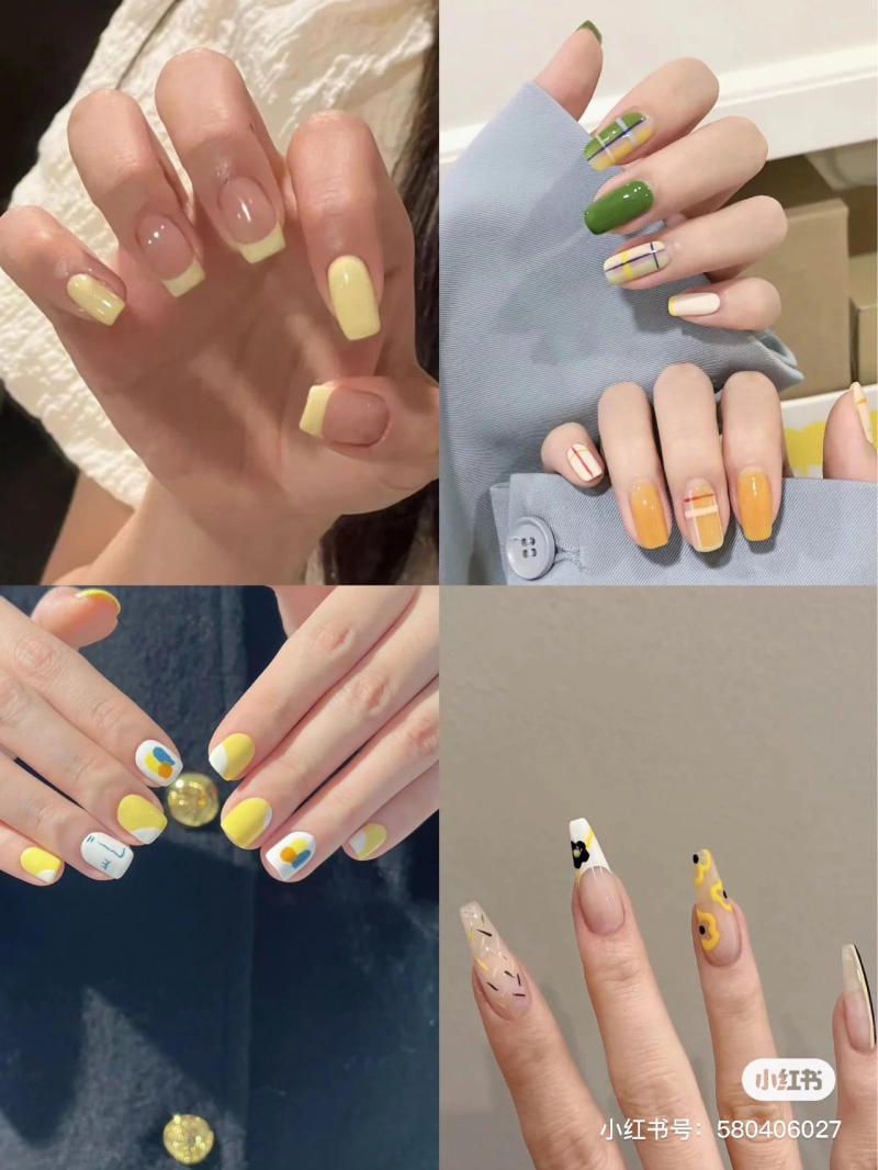 mau-nail-don-gian-cardina__15__2c1f64e03ab2424088739bac16fb554f Bộ móng tay với các mẫu trang trí đa dạng và sáng tạo trong nhiều màu sắc, chủ yếu là tông màu vàng.