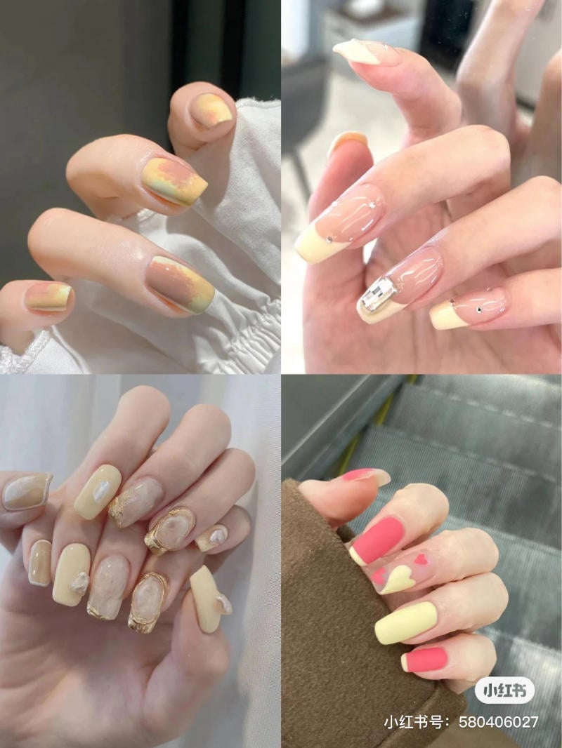 mau-nail-don-gian-cardina__21__bb8d6f9f943442eaabfd4421a1f81326 Bốn mẫu móng tay với thiết kế đa dạng và màu sắc khác nhau, bao gồm các tông vàng và hồng.