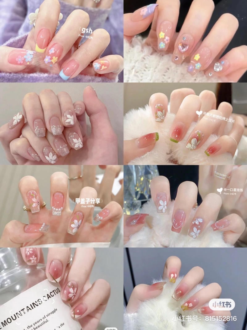mau-nail-don-gian-cardina__25__beaa7d2f36bc4cf5a1b249aebcd5edc3 Bộ sưu tập móng tay với nhiều kiểu trang trí hoa và đá quý, nền màu hồng và trong suốt, phong cách đa dạng.