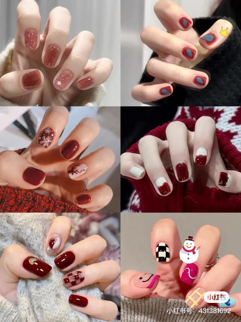 mau-nail-don-gian-cardina__29__3ef5820bf06d435490b702045847eb8b Bộ sưu tập mẫu nail với các thiết kế và màu sắc khác nhau, bao gồm họa tiết cây thông, người tuyết và kẻ caro.