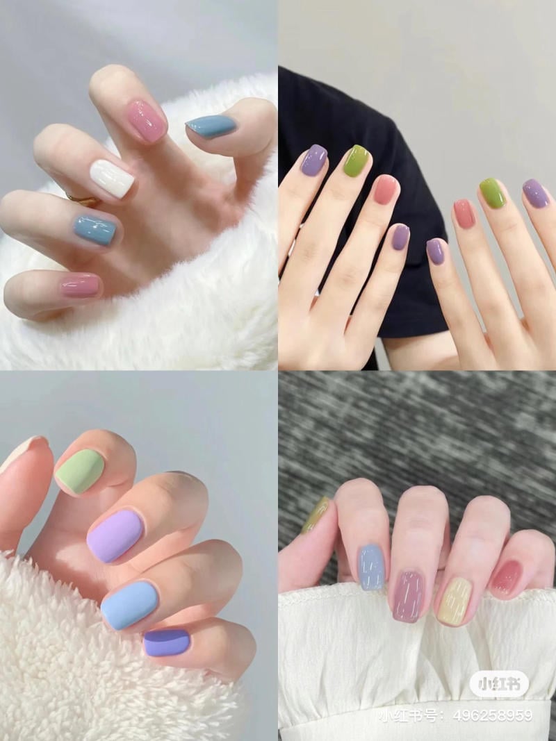 mau-nail-don-gian-cardina__2__ceb2b5e6eebc40aeb7ceddef5b35c97e Bàn tay với móng tay sơn nhiều màu sắc khác nhau, được chụp từ nhiều góc độ khác nhau.