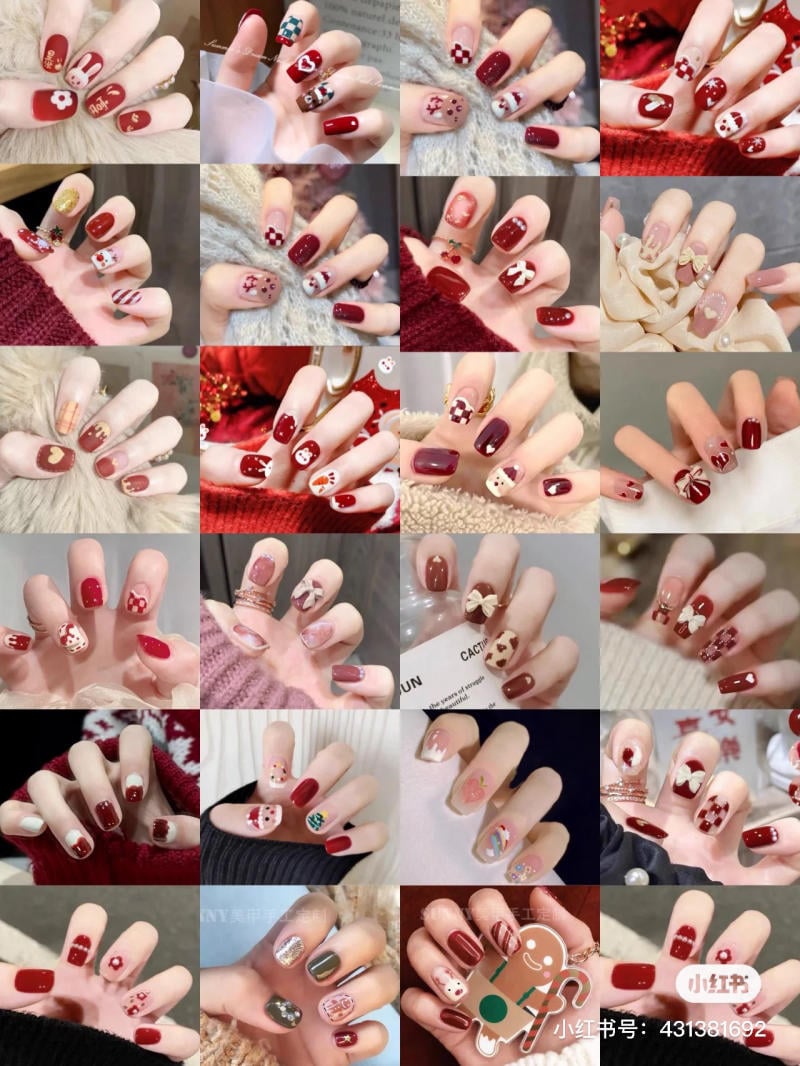 mau-nail-don-gian-cardina__32__1ffb94adbd3e4490af04fc6d0844fa48 Bộ sưu tập các mẫu móng tay với màu sắc và họa tiết khác nhau, chủ yếu là màu đỏ và các họa tiết trang trí.