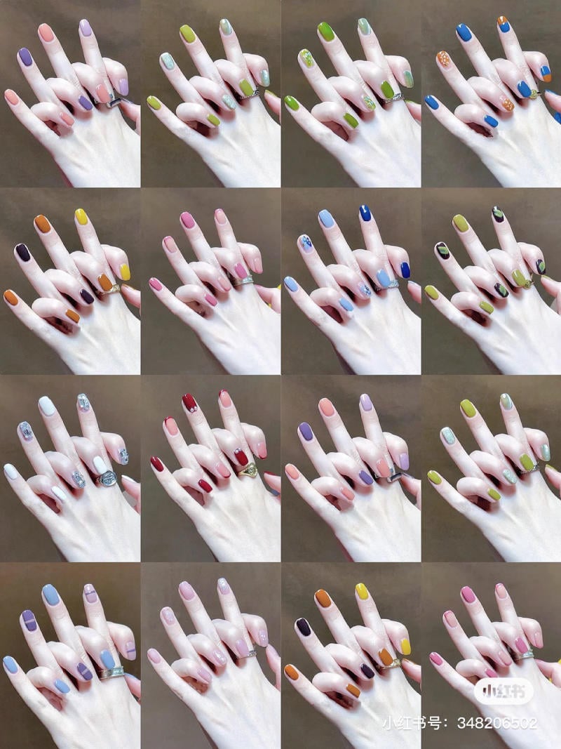 mau-nail-don-gian-cardina__38__e8b6204044d84e8ea10c8961a2a737e6 Bàn tay với các mẫu móng tay sơn màu sắc khác nhau, hiển thị trong lưới 4x5 ô.