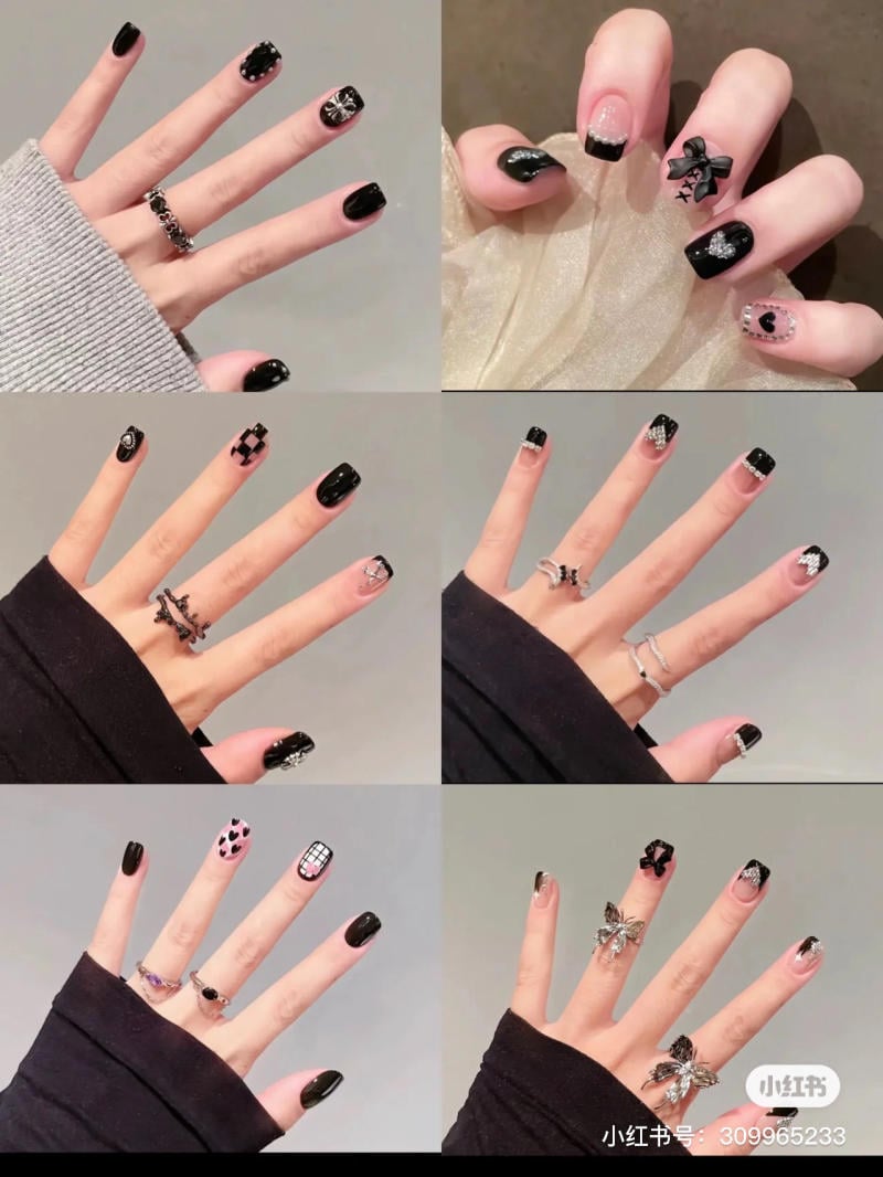 mau-nail-don-gian-cardina__40__57be4d897c444b7cb223052d5bd4dc9d Bộ sưu tập móng tay đen với hoa văn và phụ kiện đa dạng, kết hợp nhẫn trang trí trên tay.