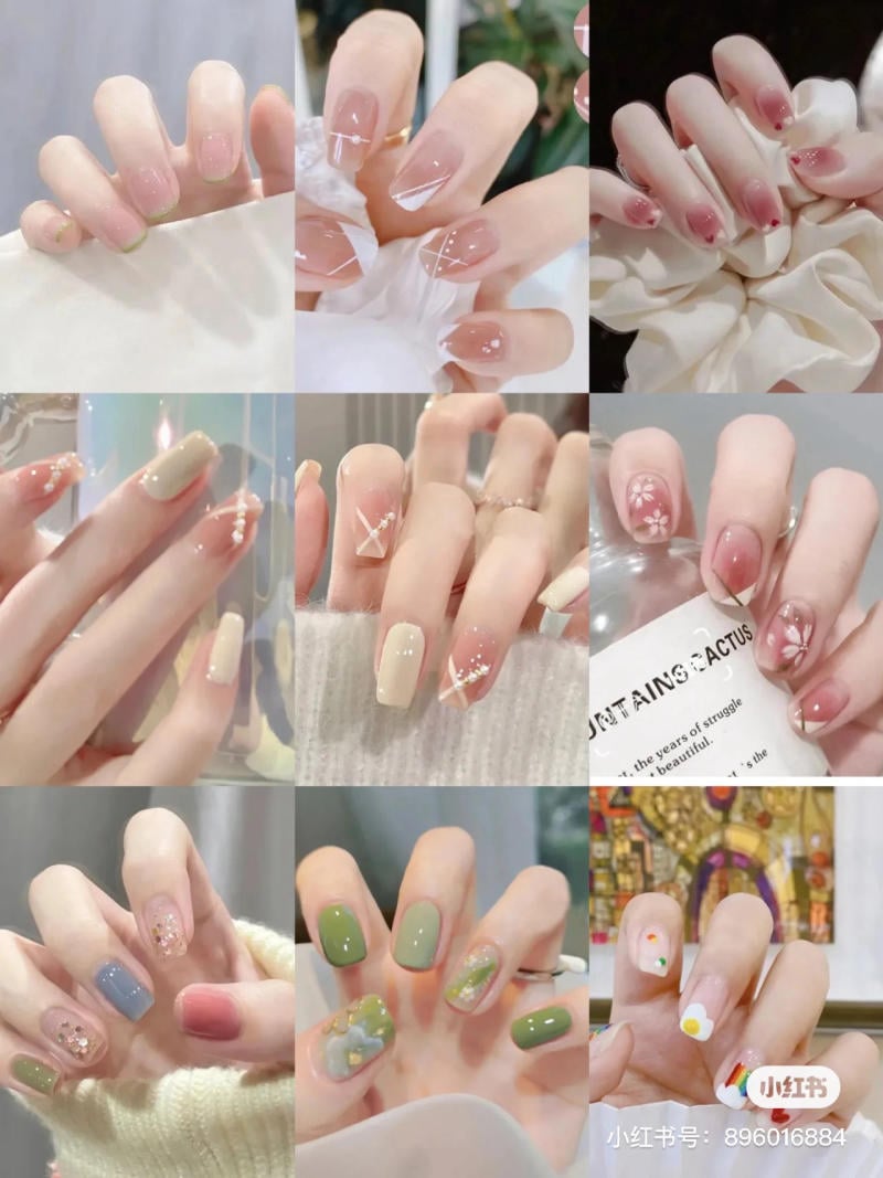 mau-nail-don-gian-cardina__41__422cc4a8bfd841dcac82d1c0c833edd4 Bộ sưu tập móng tay với nhiều kiểu dáng và màu sắc đa dạng, từ màu nude đến xanh lá cây và họa tiết hoa.