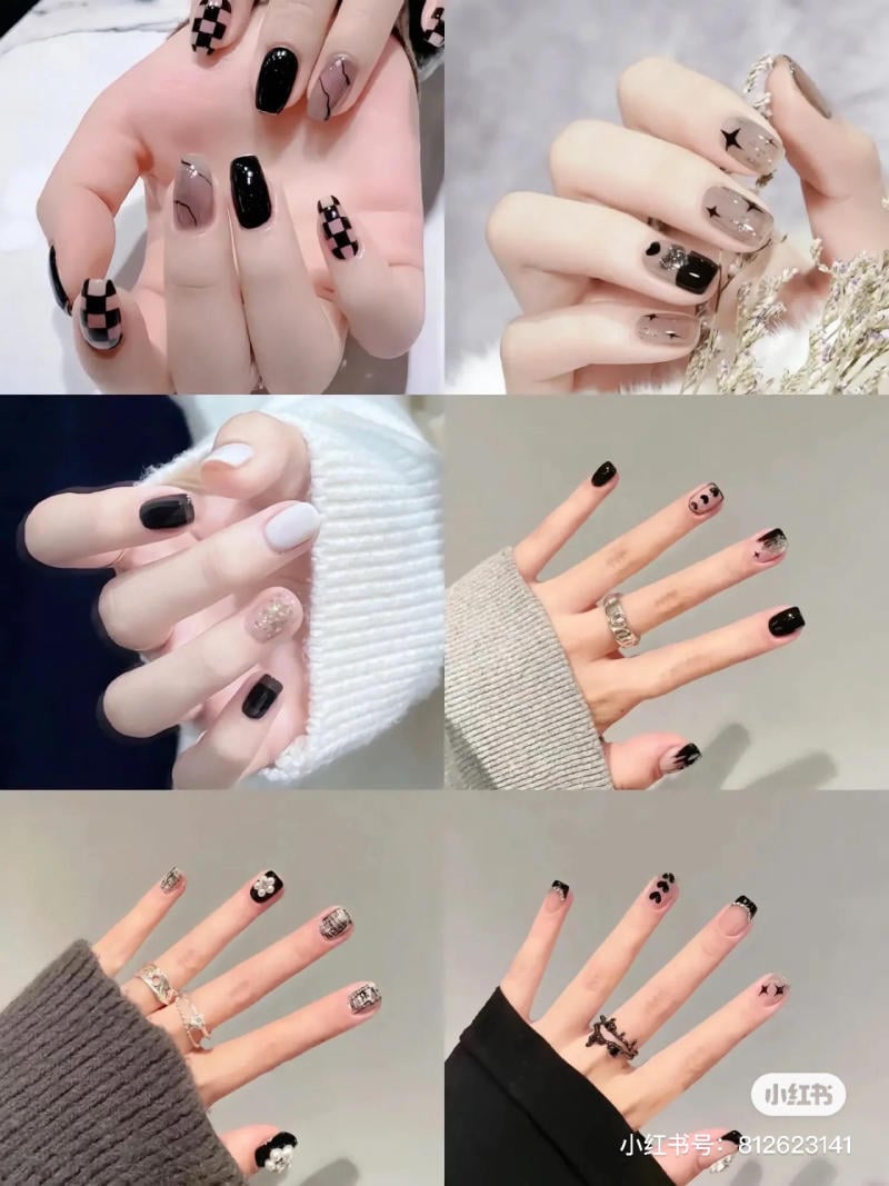 mau-nail-don-gian-cardina__42__da1b4d8888364def81bcc744d3a50e0e Bộ sưu tập móng tay với nhiều kiểu trang trí khác nhau, bao gồm họa tiết caro, ngôi sao và nhẫn kim loại.