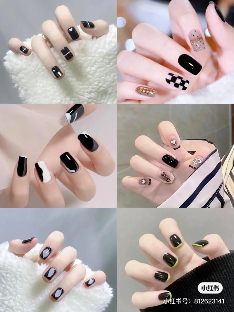 mau-nail-don-gian-cardina__45__c89676d441044a58b74a5e86e8386b9f Bộ sưu tập móng tay với nhiều kiểu thiết kế khác nhau như đen, trắng, kẻ caro, có họa tiết trái tim và ánh kim.