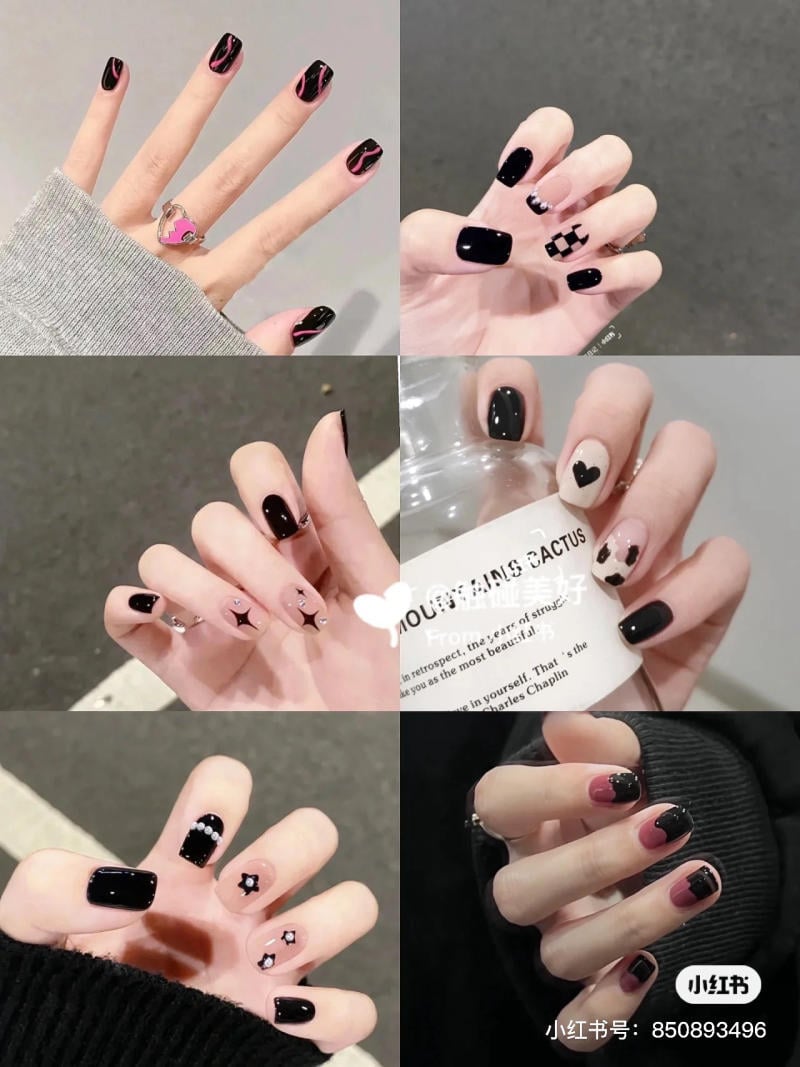 mau-nail-don-gian-cardina__46__43cbda3ad37c496f821ca35bf98ffea1 Bộ sưu tập móng tay với nhiều kiểu sơn màu đen và họa tiết khác nhau, được chụp trên nền xám và trắng.