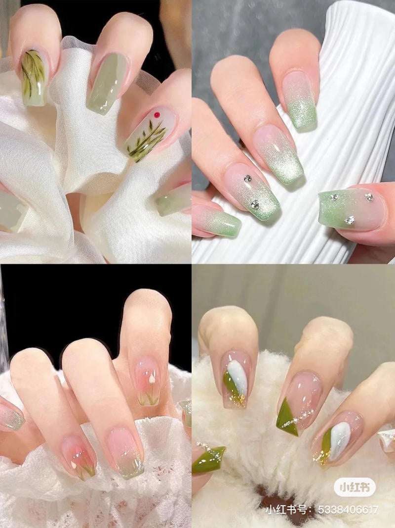 mau-nail-don-gian-cardina__64__32d12595bb16422abdd5bfc08e951a5f Bộ móng tay với các thiết kế nghệ thuật khác nhau, chủ yếu sử dụng tông màu xanh lá và họa tiết trang trí.