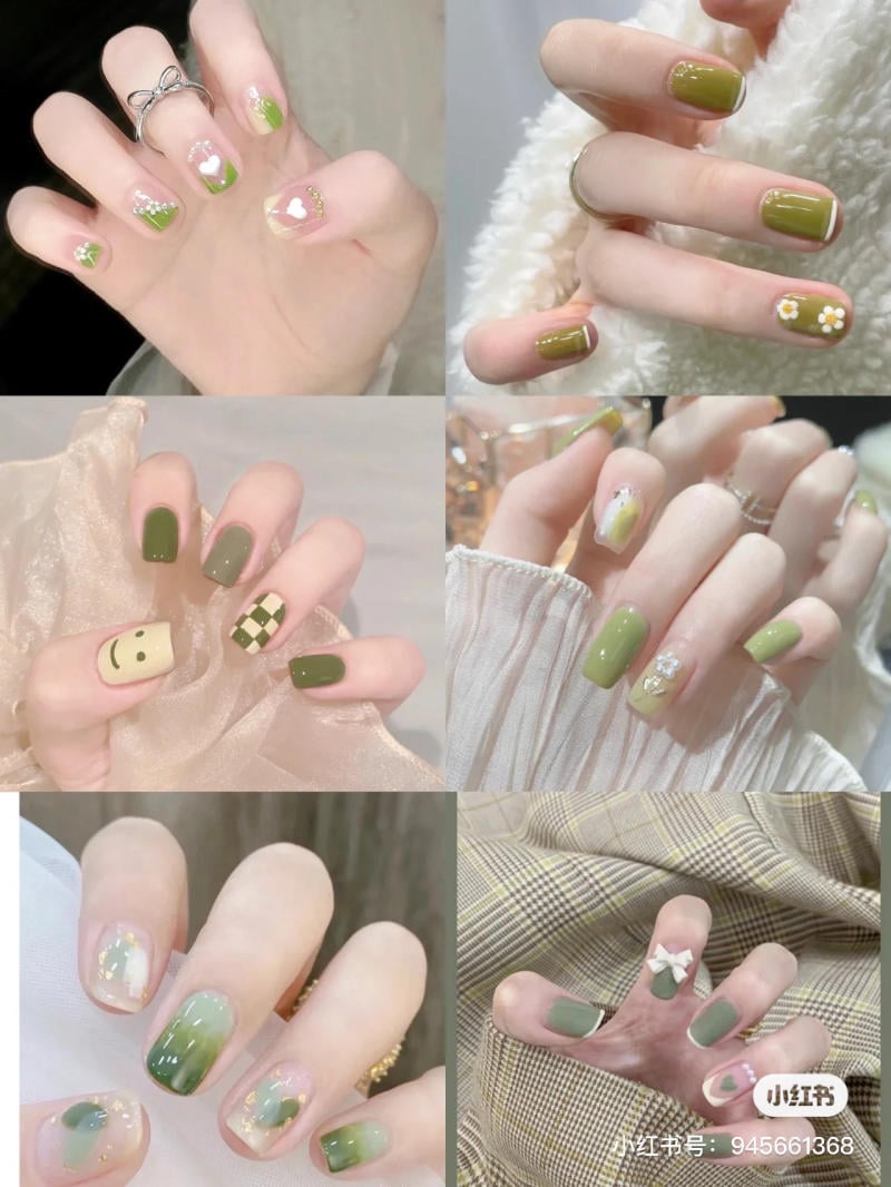 mau-nail-don-gian-cardina__67__fd9354776ecc46a794b97c9fd051a3c2 Bộ móng tay được sơn màu xanh lá cây với nhiều họa tiết trang trí khác nhau như hoa, trái tim và họa tiết caro.