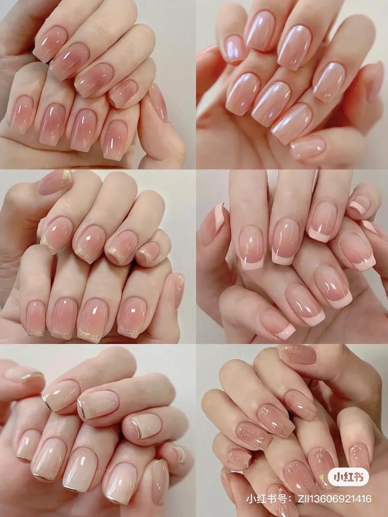 mau-nail-don-gian-cardina__7__7483047a02b54ddaa09f42e940eb7c17 Bàn tay với các kiểu móng tay sơn bóng khác nhau, tông màu nude và hồng nhạt, trang trí đơn giản.
