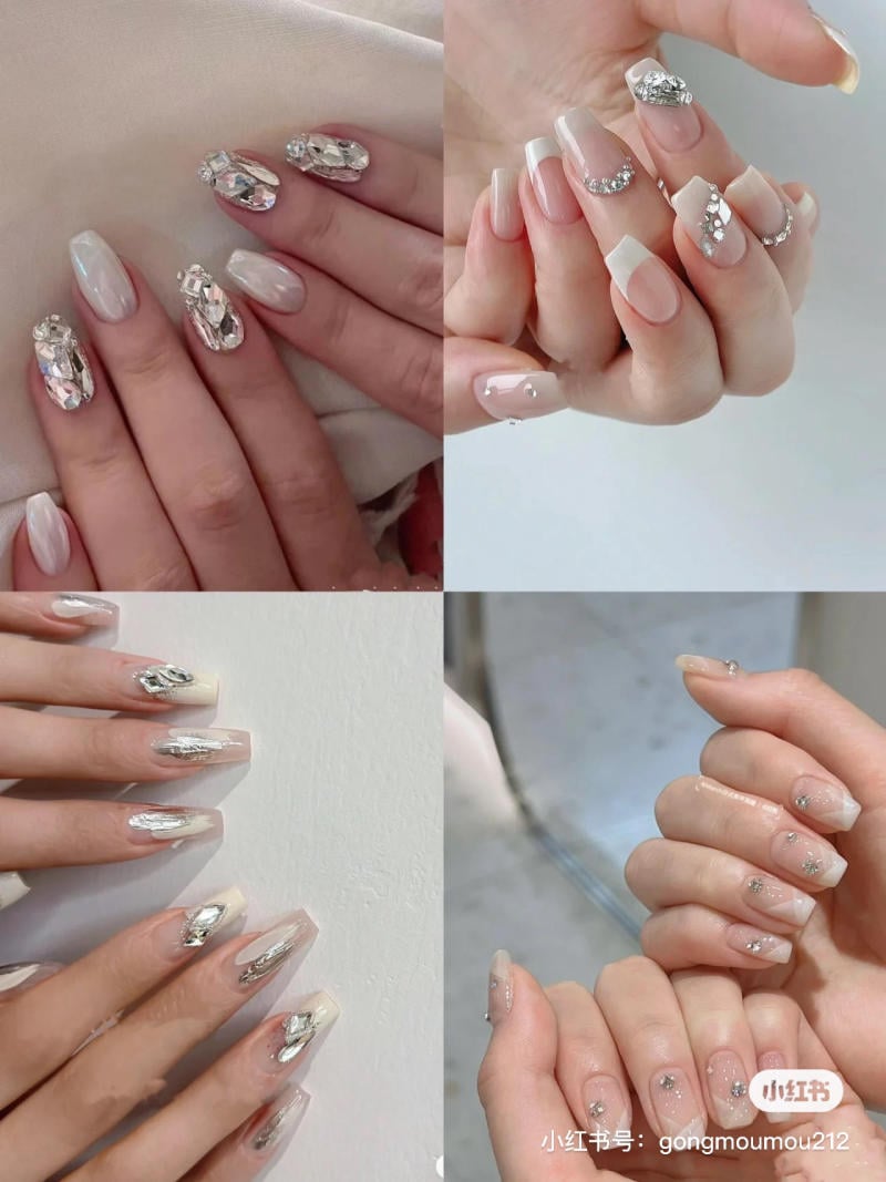 mau-nail-don-gian-cardina__88__583f26dfd9e14bbbaaabcdf210a92448 Bộ móng tay với nhiều kiểu dáng khác nhau, được trang trí bằng đá và họa tiết lấp lánh.