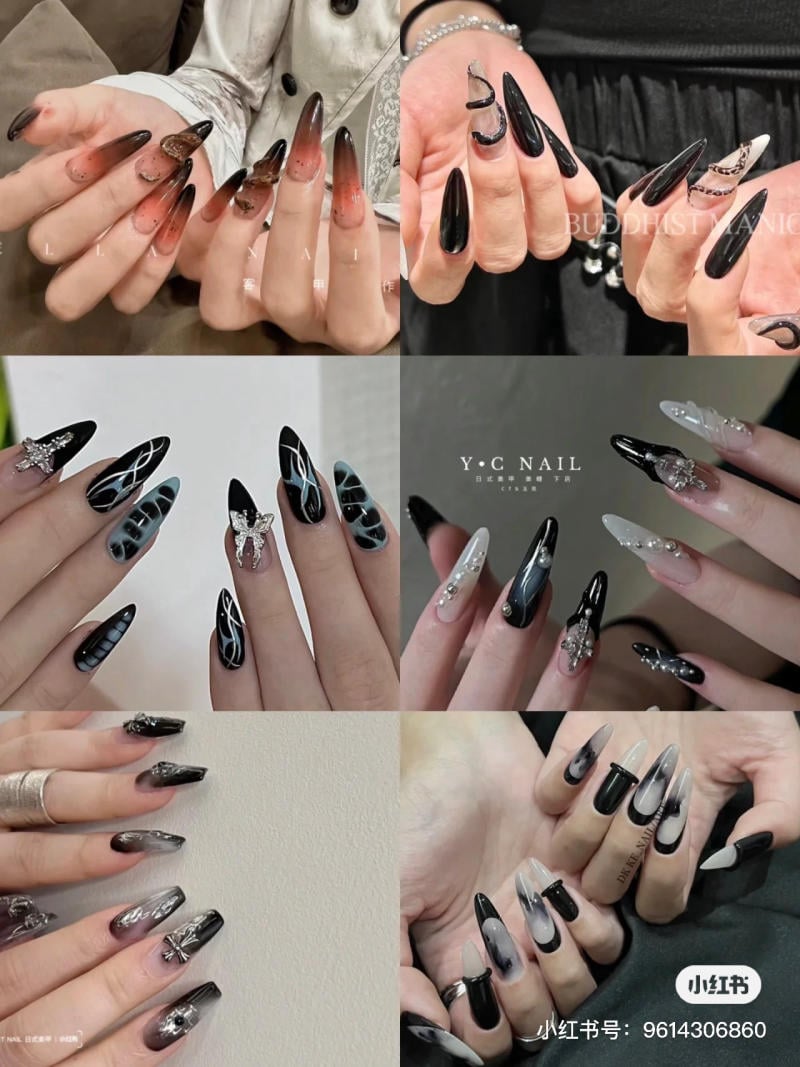 mau-nail-halloween-dep__17__9c6e66b1f59d4d219681f5d096bc18d0 Bộ sưu tập móng tay dài với thiết kế đa dạng, sử dụng tông màu đen và xám, kết hợp họa tiết và trang trí.