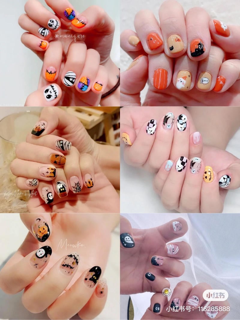 mau-nail-halloween-dep__52__d60da0a8d4ee4749b25336f665309a4b Bộ móng tay trang trí theo chủ đề Halloween với nhiều hình vẽ khác nhau như bí ngô, ma quái và mạng nhện.