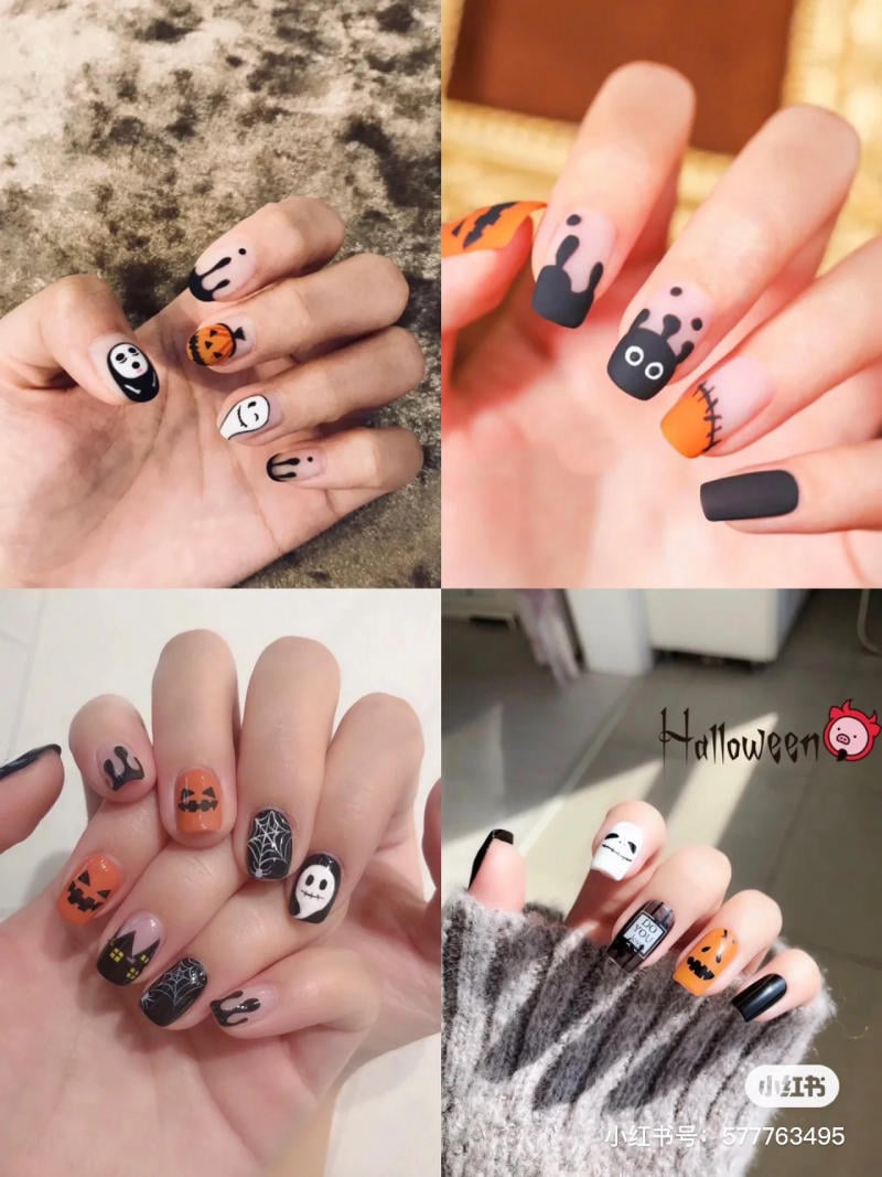 mau-nail-halloween-dep__55__74789d221492401caa8882626a01dc75 Bộ móng tay với họa tiết Halloween đa dạng, bao gồm hình bí ngô, mạng nhện và khuôn mặt ma quái.