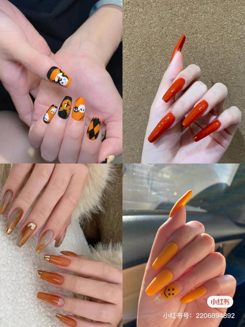 mau-nail-halloween-dep__74__848f62d4719b48e391a829f400fb3a78 Bốn mẫu móng tay được sơn màu và trang trí họa tiết đa dạng với tông cam và đen.