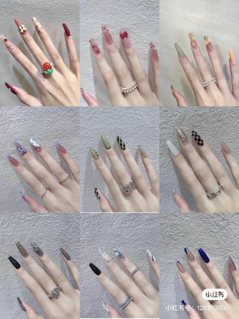 mau-nail-mong-nhon-tron__11__7e8a42719c4444b6ac50e6c241dca094 Chín kiểu móng tay khác nhau với các màu sắc và họa tiết trang trí đa dạng.