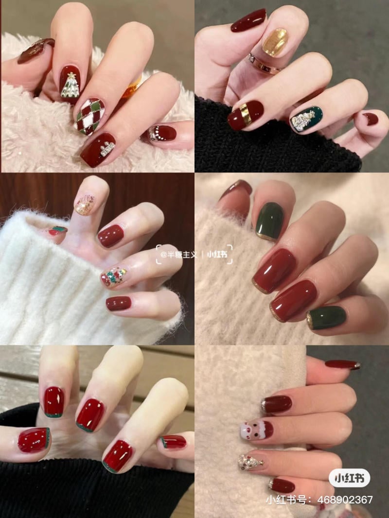 mau-nail-noel-dep__54__5b42cf696fcb4ac2b9f10f848eb643de Bộ sưu tập móng tay với các mẫu trang trí đa dạng, chủ yếu màu đỏ, xanh lá, và họa tiết lễ hội.